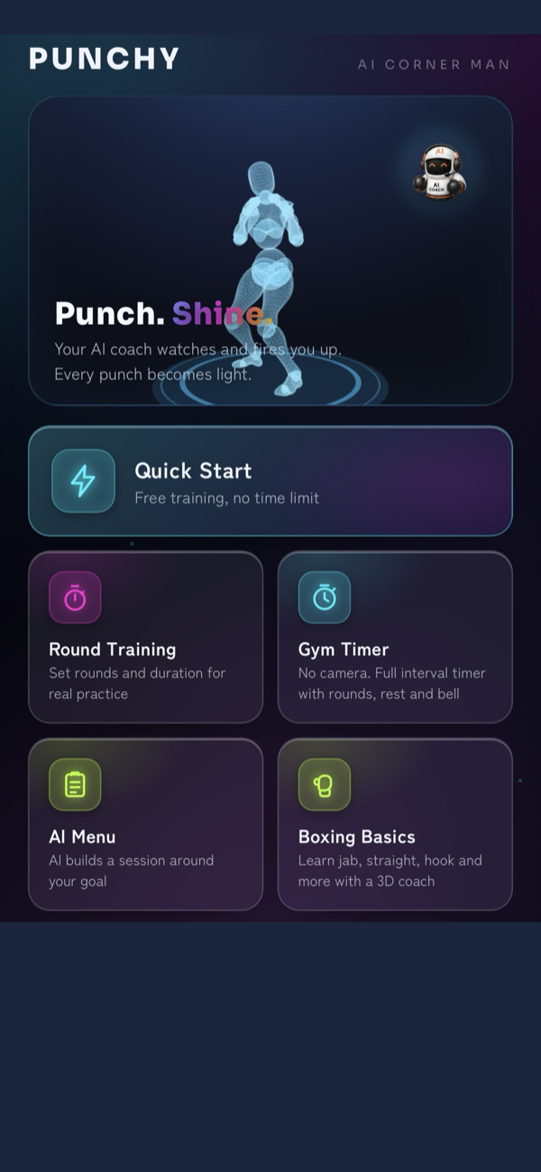 Punchy's menu screen: a holographic boxer stands ready while the AI corner coach waits